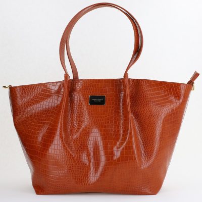 Geanta Shopper de dama din piele ecologica caramel texturata logo fateta exterioara Monnari BS20201164