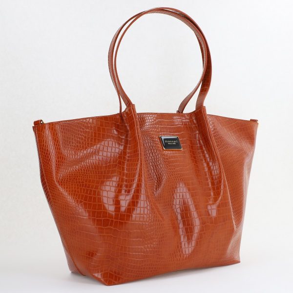 Geanta Shopper Cu Fermoar - Geanta Shopper de dama din piele ecologica caramel texturata logo fateta exterioara Monnari BS20201164