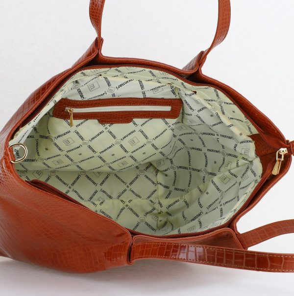 Geanta Shopper de dama din piele ecologica caramel texturata logo fateta exterioara Monnari BS20201164 121