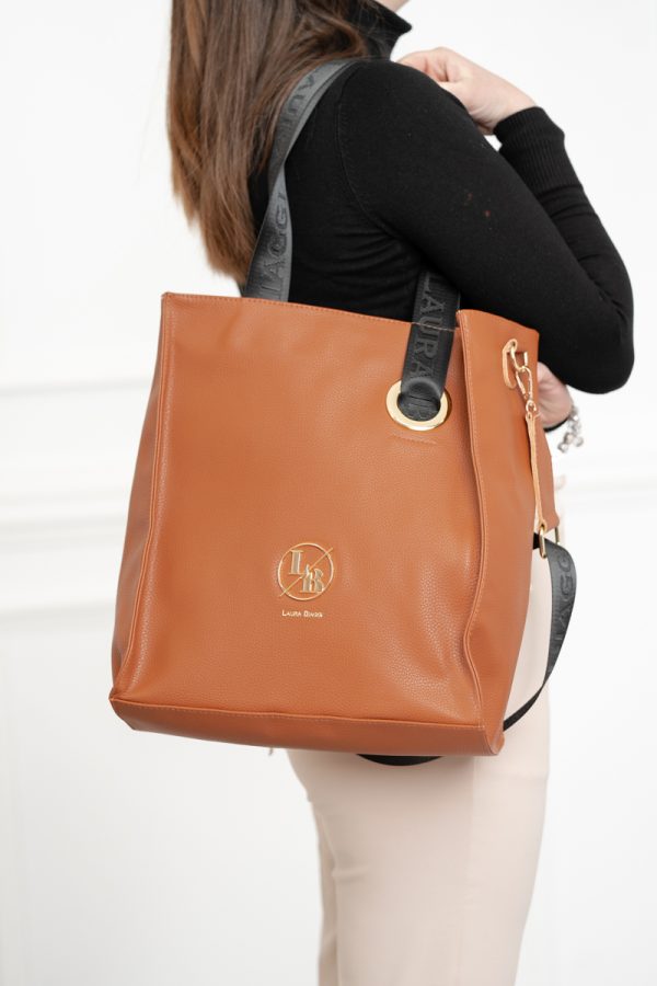 Geanta Shopper mare de dama din piele eco maro cu manere si bretea neagra Laura Biaggi LB2038SH2108209 119