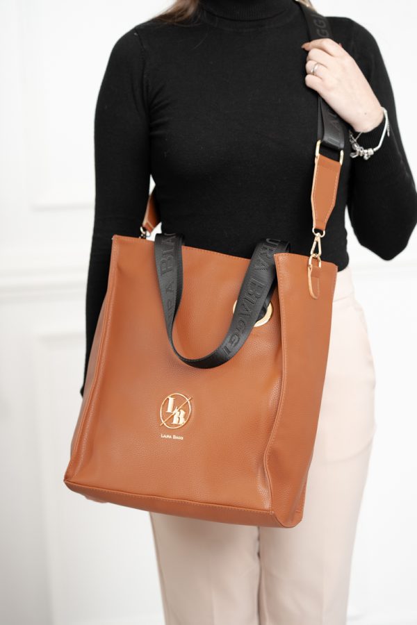 Geanta Shopper mare de dama din piele eco maro cu manere si bretea neagra Laura Biaggi LB2038SH2108209 121