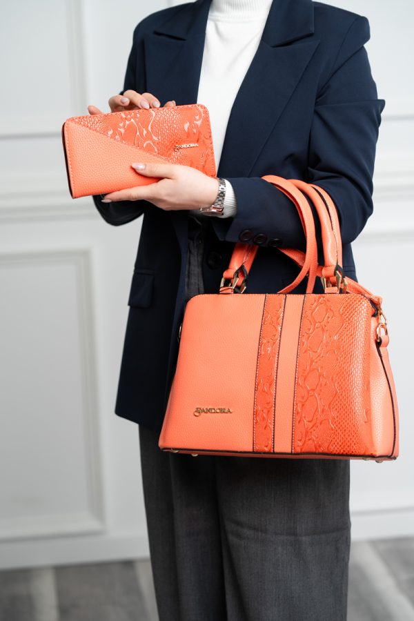 Set geanta cu portofel casual femei piele eco coral model texturat cu logo BSSET2204039 119
