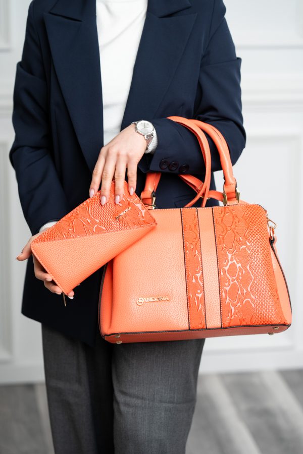 Set geanta cu portofel casual femei piele eco coral model texturat cu logo BSSET2204039 121