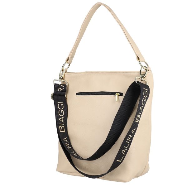 Geanta casual de dama din piele eco bej inchis cu lant exterior si bretele late negre Laura Biaggi LBCA335A2108103 120