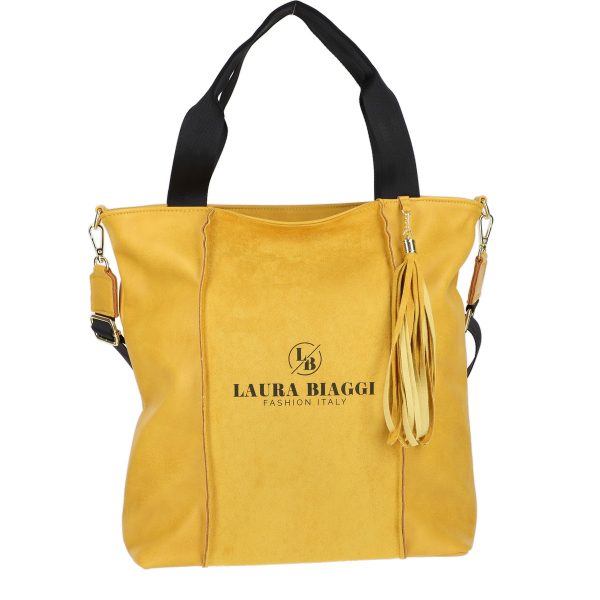 Geanta Shopper dama din piele ecologica galbena cu franjuri galbeni si un compartiment Laura Biaggi BSLBSH2103008 119