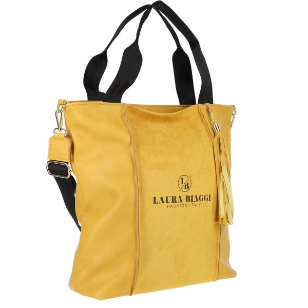 Geanta Shopper dama din piele ecologica galbena cu franjuri galbeni si un compartiment Laura Biaggi BSLBSH2103008 120