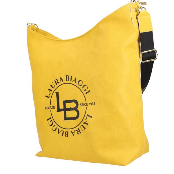 Geanta Shopper talie mare de femei din piele eco galbena texturata logo exterior negru Laura Biaggi BSLBSH210217 120
