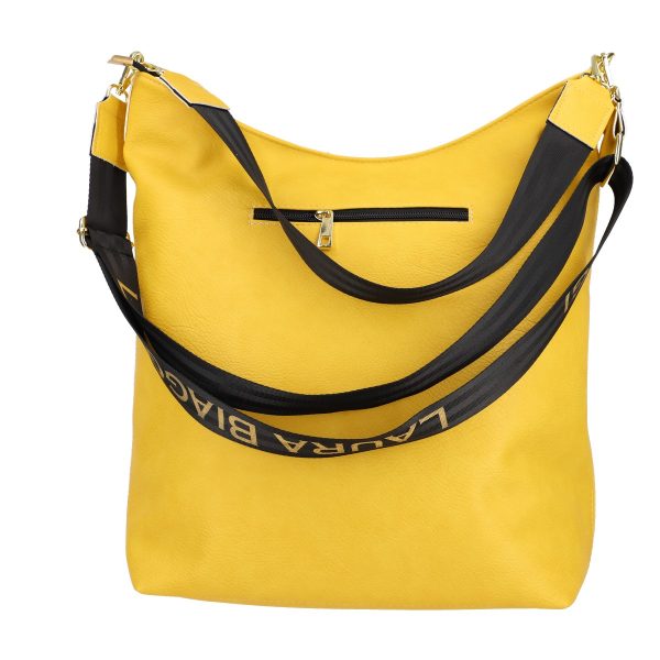 Geanta Shopper talie mare de femei din piele eco galbena texturata logo exterior negru Laura Biaggi BSLBSH210217 122