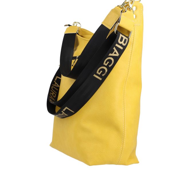 Geanta Shopper talie mare de femei din piele eco galbena texturata logo exterior negru Laura Biaggi BSLBSH210217 123