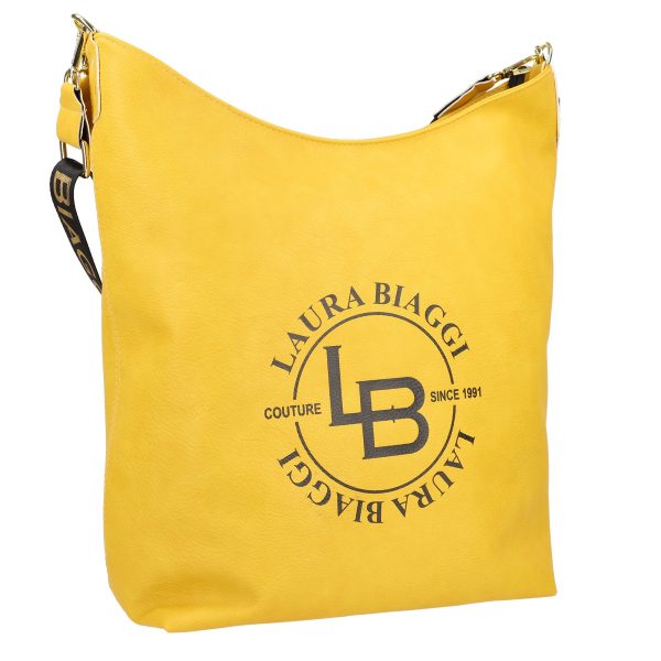 Geanta Shopper Cu Fermoar - Geanta Shopper talie mare de femei din piele eco galbena texturata logo exterior negru Laura Biaggi BSLBSH210217