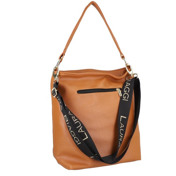 Geanta casual de femei din piele eco maro cu lant exterior si bretele late negre Laura Biaggi LBCA335A2108104 122