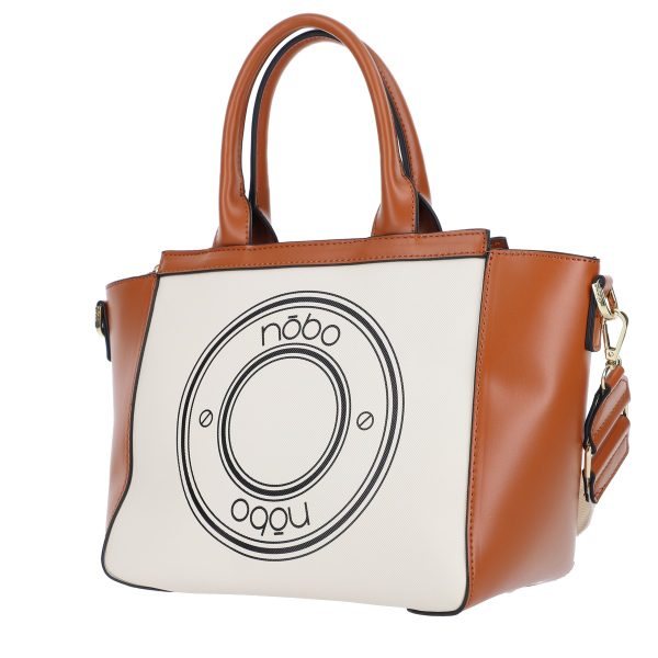 Geanta casual dama din piele eco bej cu maro logo exterior maner si bareta Nobo BSNOCA210291 120