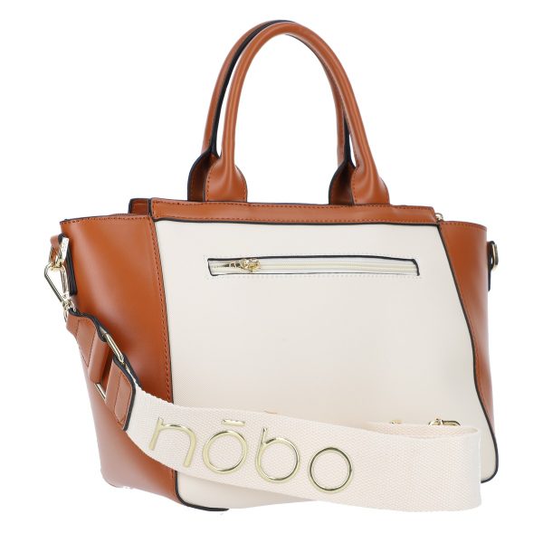 Geanta casual dama din piele eco bej cu maro logo exterior maner si bareta Nobo BSNOCA210291 121