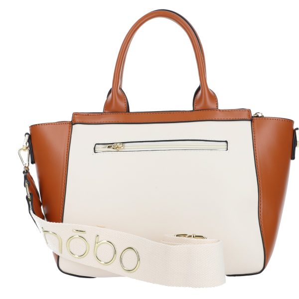 Geanta casual dama din piele eco bej cu maro logo exterior maner si bareta Nobo BSNOCA210291 122