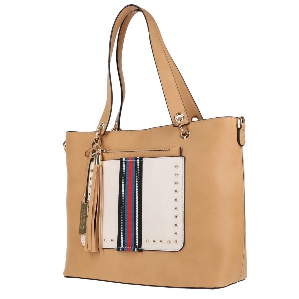 Geanta casual femei din piele eco maro model velur cu bej si buzunar exterior Nobo BSNO2102135 120