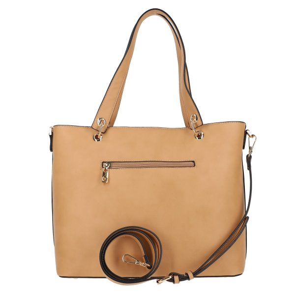 Geanta casual femei din piele eco maro model velur cu bej si buzunar exterior Nobo BSNO2102135 121