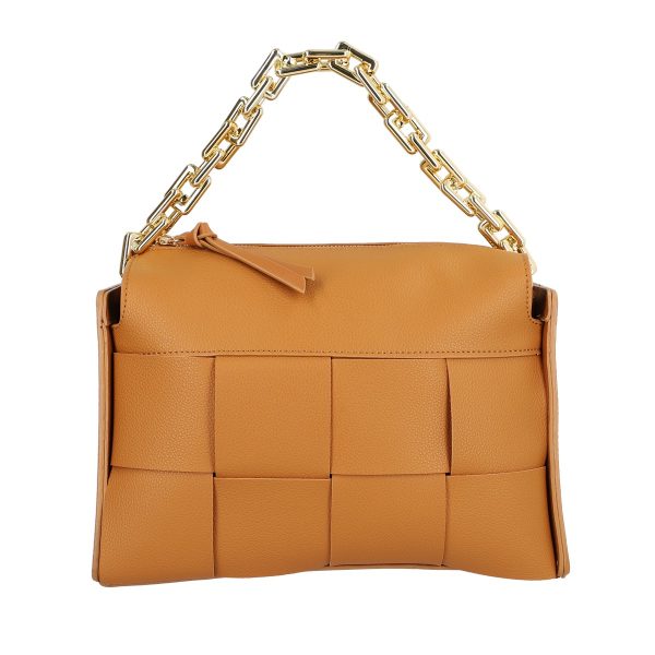 Geanta eleganta dama piele ecologica maro exterior texturat cu maner din lant auriu BSBECA2104038 122