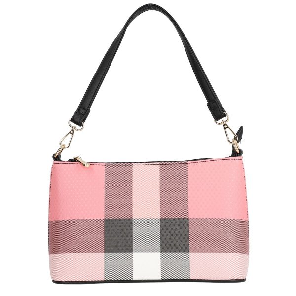 Poseta casual dama din piele eco in carouri negru roz cu bretea Gallantry BSGAPO2104032 120