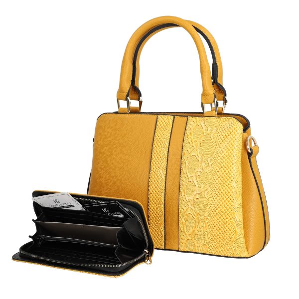 Set geanta cu portofel casual dama piele eco galbena model texturat cu logo BSSET2204041 123