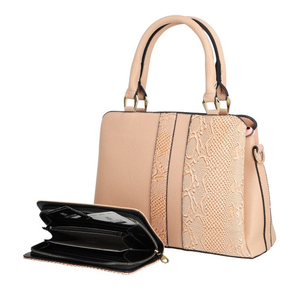 Set geanta cu portofel casual femei piele eco roz model texturat cu logo BSSET2204040 125