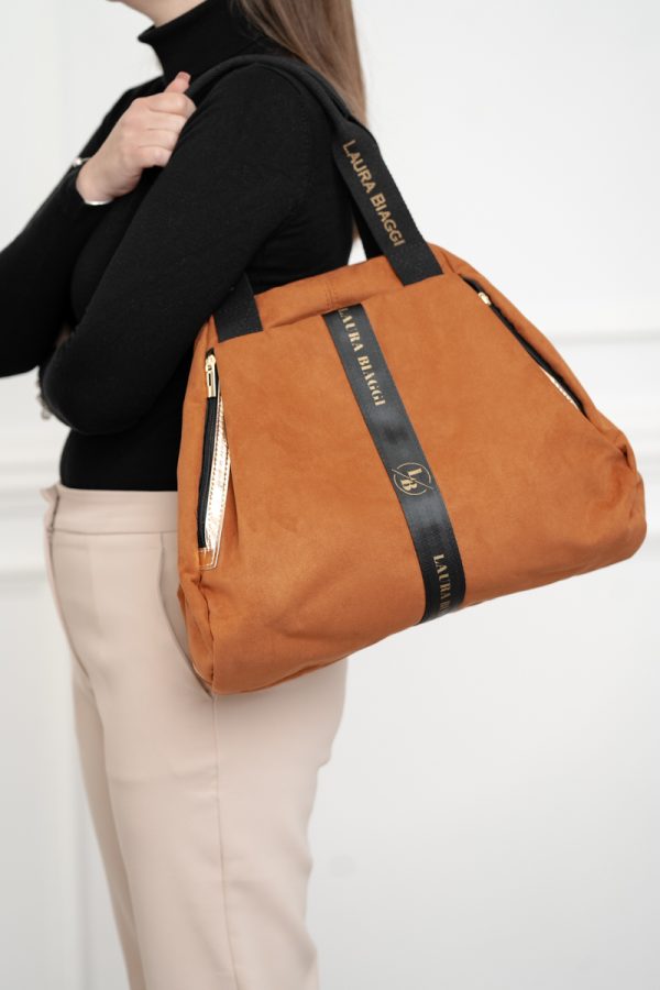Geantă damă Shopper maro de talie mare fermoar cu auriu din piele ecologică Laura Biaggi BS975G2208214 119