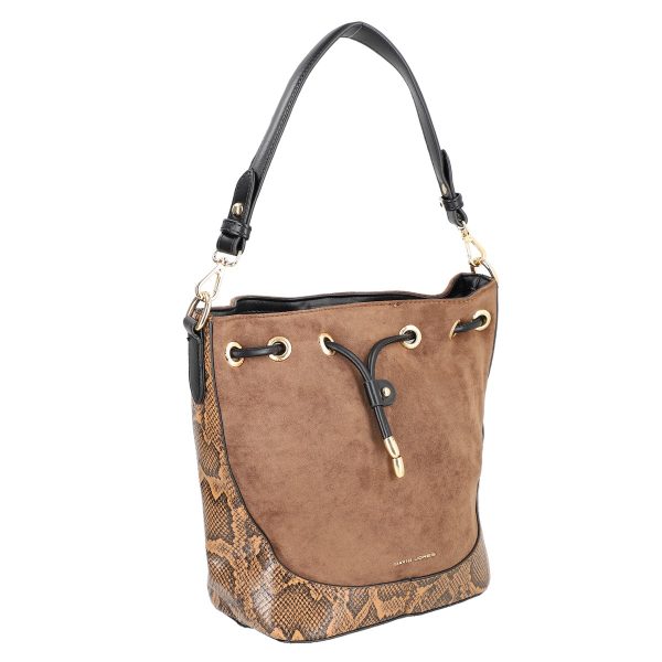 David Jones - Geantă casual damă piele ecologică maro cu închidere tip sac cu șnur și bretea de umăr David Jones BS6537TS2209155