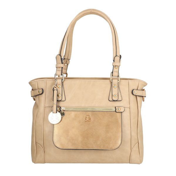 Geanta casual femei din piele eco bej buzunar exterior texturat auriu cu logo si fermoar Lulu Castagnette BSLLOF2208033 120