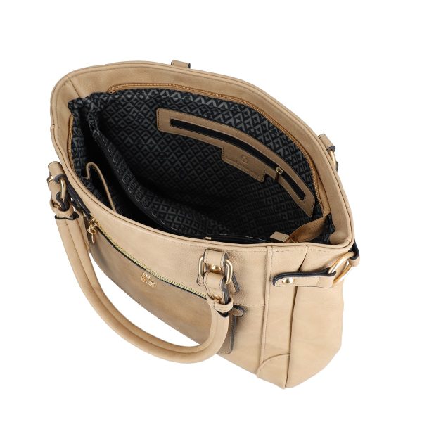 Geanta casual femei din piele eco bej buzunar exterior texturat auriu cu logo si fermoar Lulu Castagnette BSLLOF2208033 119
