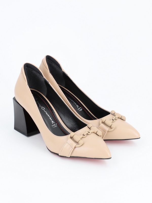 Pantofi Bej cu Toc Gros, Piele Eco, Varf Ascutit - BS732PT2301580 120