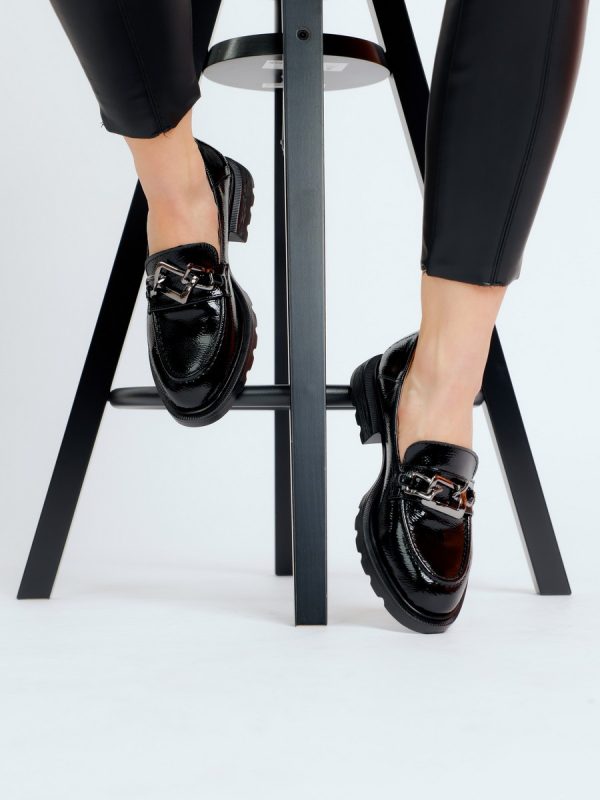 Pantofi Loafers Femei, Piele Eco, Negri, Varf Rotund - BS702PC2301616 121