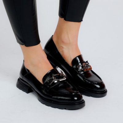 Loafers dama piele ecologica negru cu varf rotund