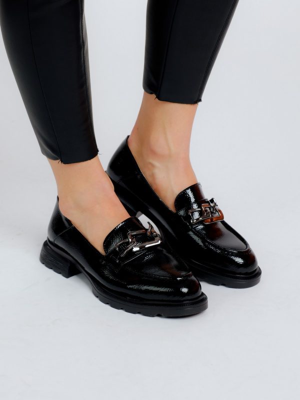 Pantofi Loafers Femei, Piele Eco, Negri, Varf Rotund - BS702PC2301616 119
