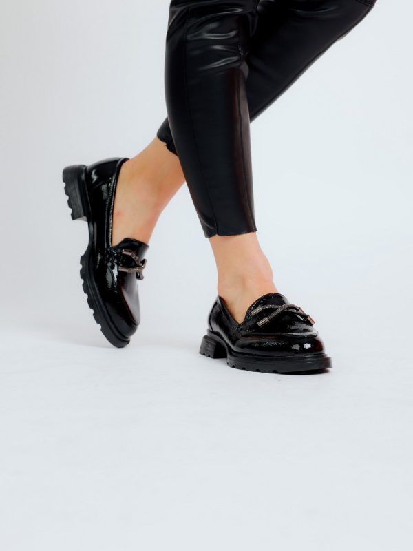 Pantofi Loafers Femei, Piele Eco, Negri, Varf Rotund - BS702PC2301616 123