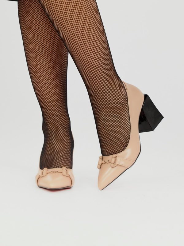 Pantofi Bej cu Toc Gros, Piele Eco, Varf Ascutit - BS732PT2301580 121