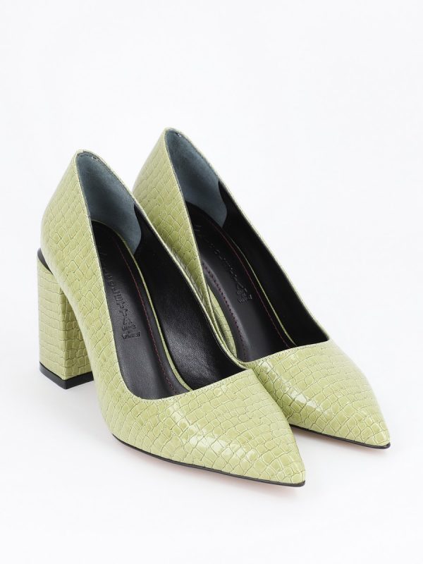 Pantofi Verzi cu Toc Gros si Inalt, Piele Ecologica Verde Texturat cu Varf Ascutit - BS23302PT2301611 125
