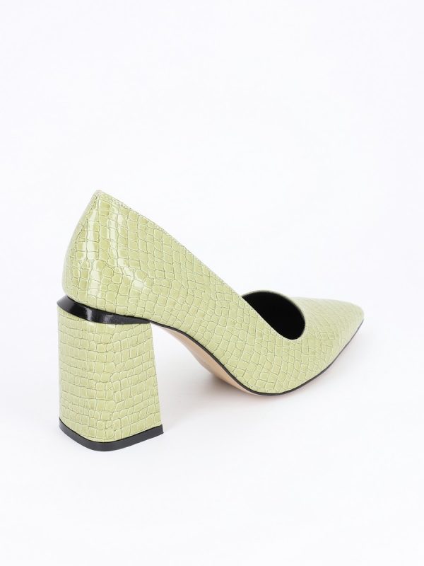 Pantofi Verzi cu Toc Gros si Inalt, Piele Ecologica Verde Texturat cu Varf Ascutit - BS23302PT2301611 126