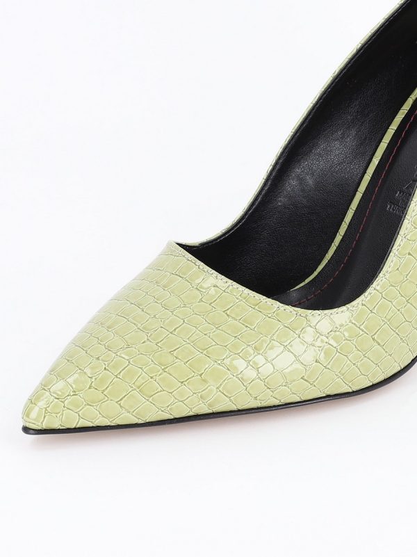 Pantofi Verzi cu Toc Gros si Inalt, Piele Ecologica Verde Texturat cu Varf Ascutit - BS23302PT2301611 122