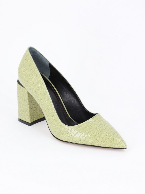 Pantofi Verzi cu Toc Gros si Inalt, Piele Ecologica Verde Texturat cu Varf Ascutit - BS23302PT2301611 120