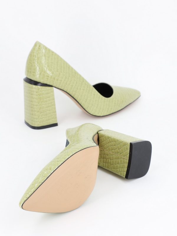 Pantofi Verzi cu Toc Gros si Inalt, Piele Ecologica Verde Texturat cu Varf Ascutit - BS23302PT2301611 123
