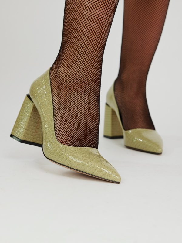Pantofi Verzi cu Toc Gros si Inalt, Piele Ecologica Verde Texturat cu Varf Ascutit - BS23302PT2301611 119