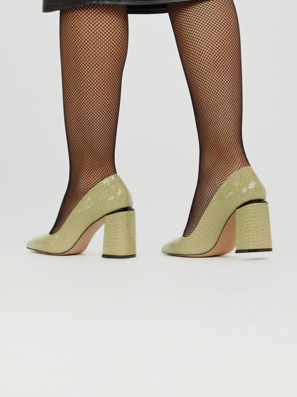 Pantofi Verzi cu Toc Gros si Inalt, Piele Ecologica Verde Texturat cu Varf Ascutit - BS23302PT2301611 124