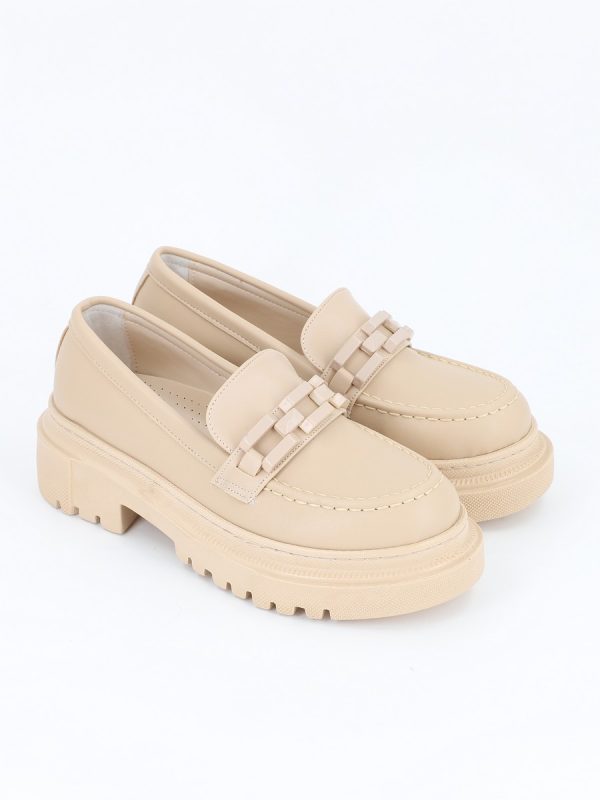 Pantofi Loafers Femei Piele Ecologica Bej cu Varf Rotund BS201PC2301606 121