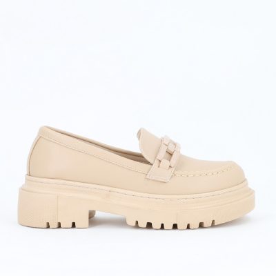 Pantofi Loafers Femei Piele Ecologica Bej cu Varf Rotund BS201PC2301606