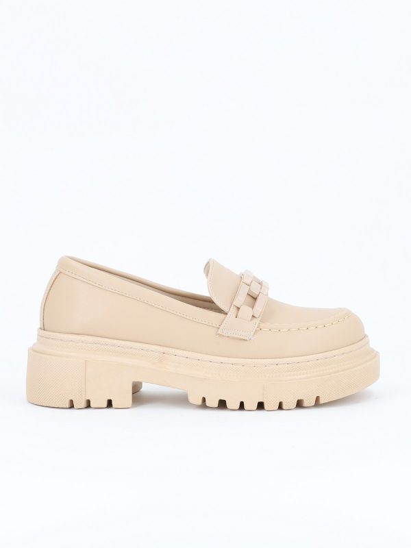 Incaltaminte Dama - Pantofi Loafers Femei Piele Ecologica Bej cu Varf Rotund BS201PC2301606