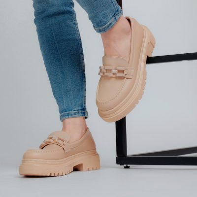 Pantofi Loafers Femei Piele Ecologica Bej cu Varf Rotund BS201PC2301606
