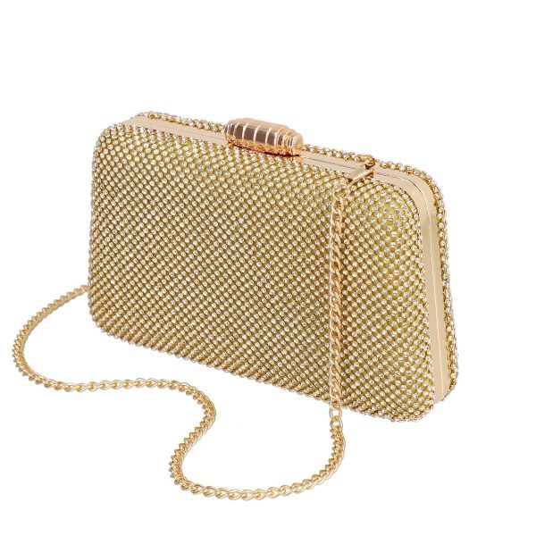 Clutch cu Pietre - Geanta clutch de dama din material sintetic auriu model trapezoidal zale cu cristale BS6023Z2304031