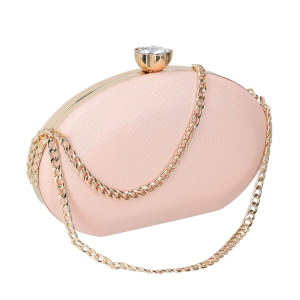 Clutch cu Pietre - Geanta evenimente de dama forma ovala sampanie cu maner lant BS8098Z2304038