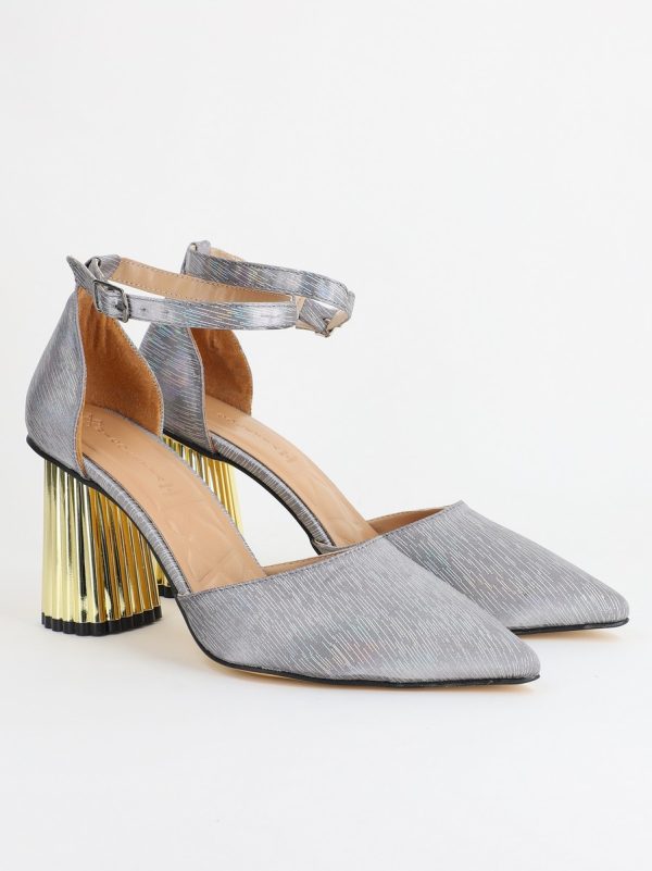 Pantofi Dama cu Toc Gros Curea Glezna Argintiu Satinat BS23PA2304176 121