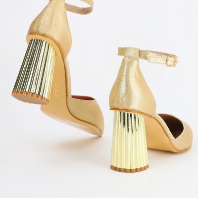 Pantofi Dama cu Toc Gros Curea Glezna Auriu Satinat BS23PA2304175