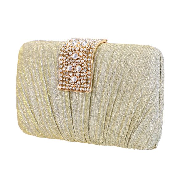 Clutch cu Pietre - Geanta evenimente de dama din material sidefat auriu inchidere cu accesoriu pietre BS8810Z2306750